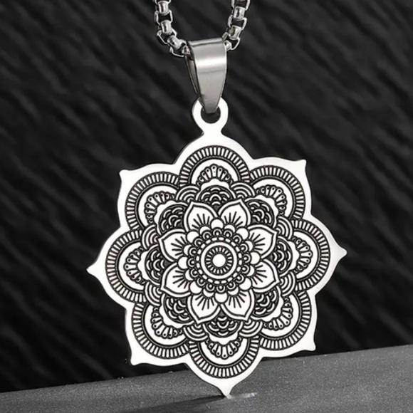 Stainless Steel Mandala Pendant Necklace | 24” Chain | Boho Spiritual Jewelry - Picture 4 of 7